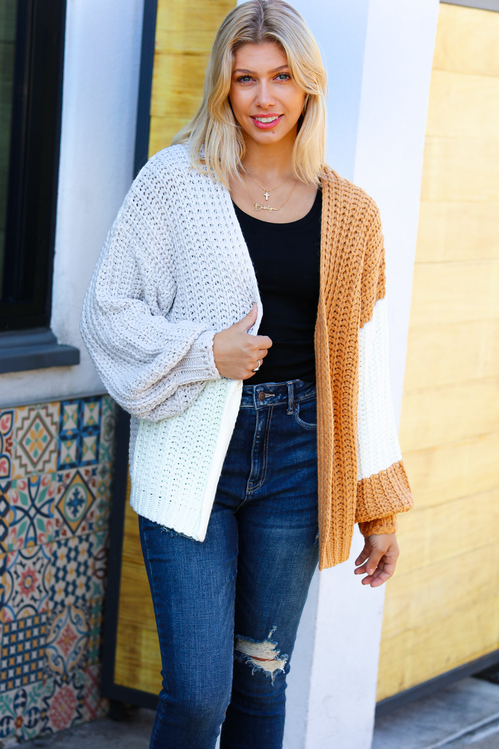 Face The Day Color Block Chunky Knit Cardigan
