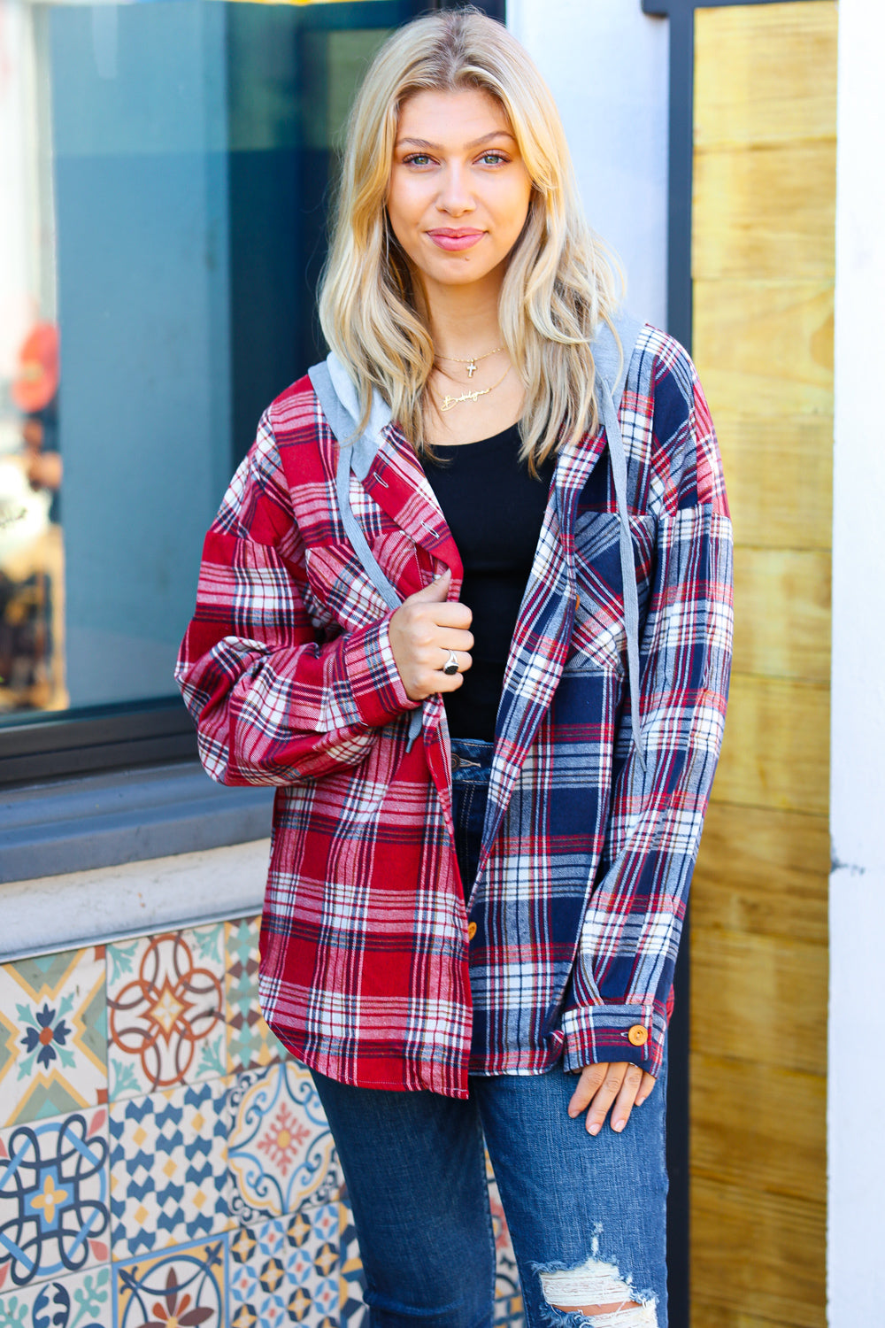 Thanks For The Memories Plaid Color Block Hoodie Shacket