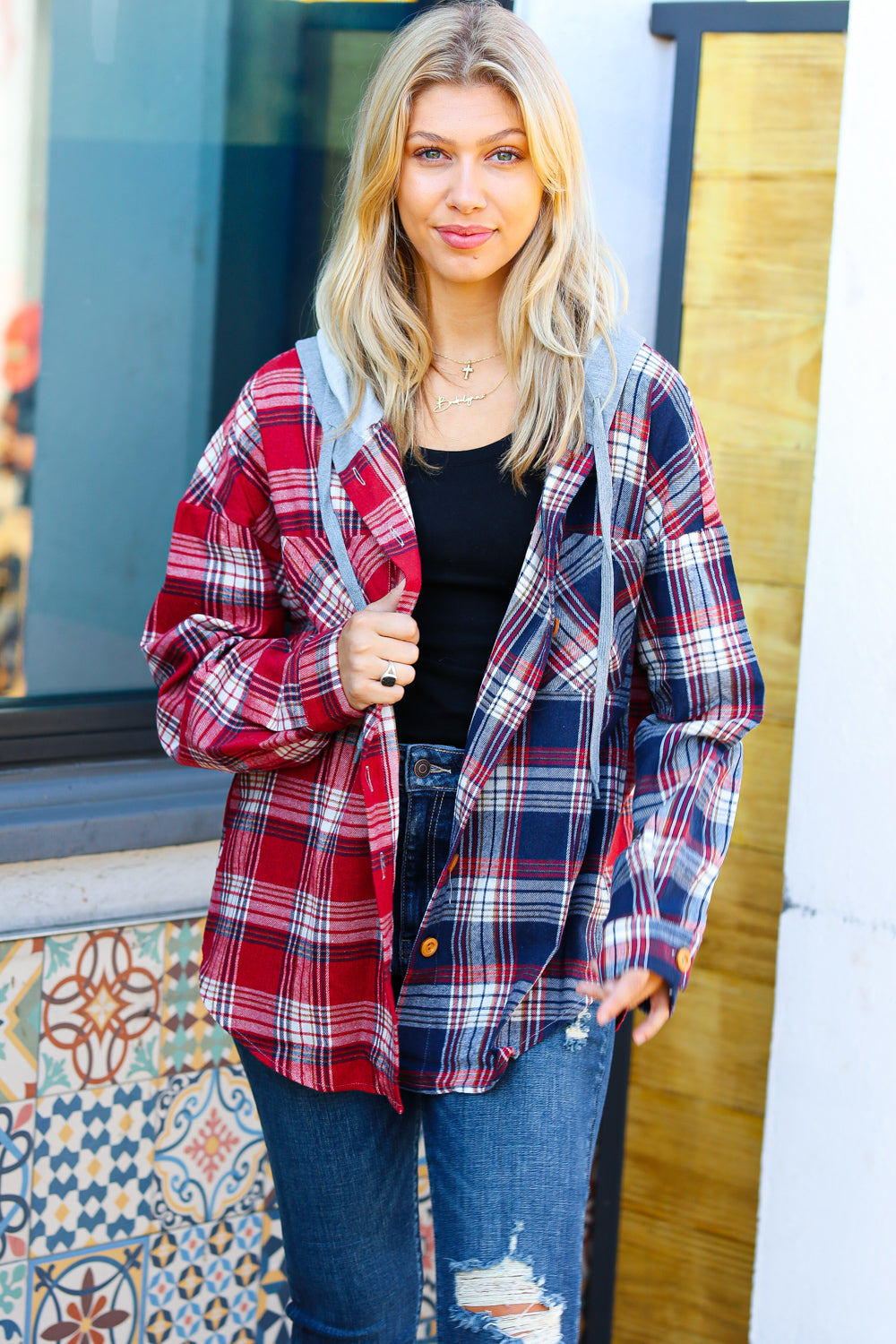 Thanks For The Memories Plaid Color Block Hoodie Shacket