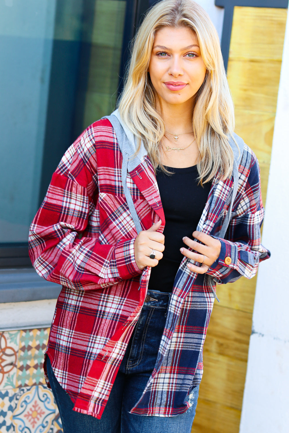 Thanks For The Memories Plaid Color Block Hoodie Shacket