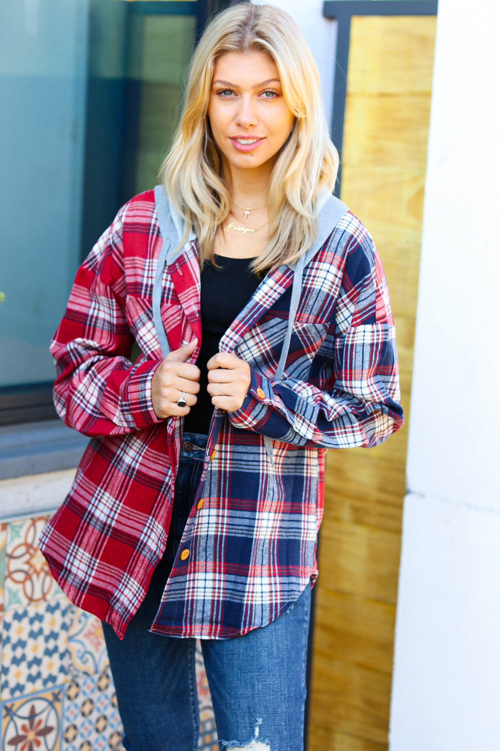 Thanks For The Memories Plaid Color Block Hoodie Shacket