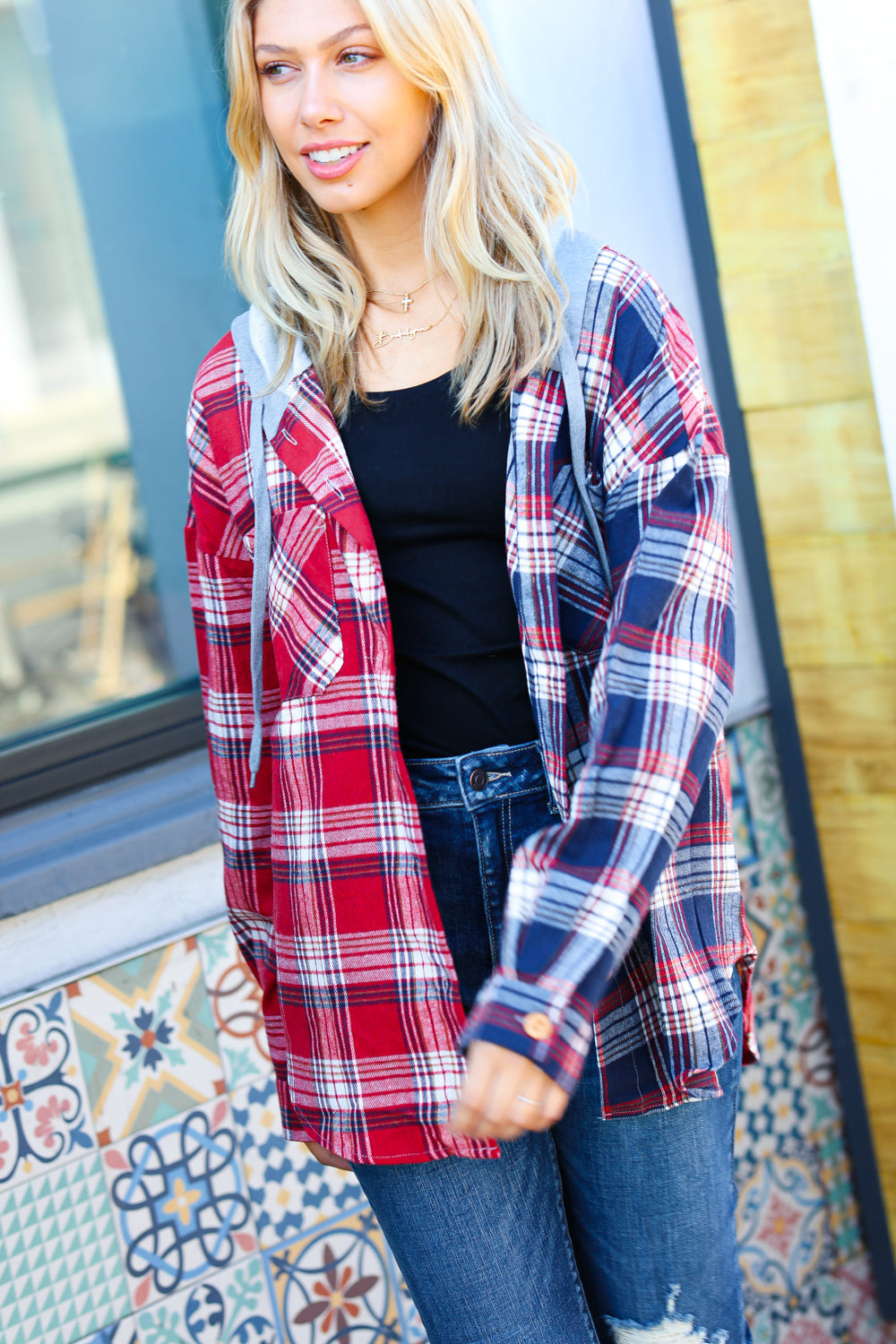 Thanks For The Memories Plaid Color Block Hoodie Shacket