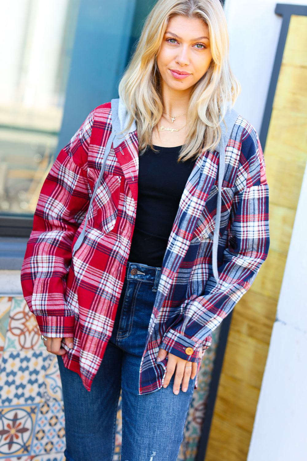 Thanks For The Memories Plaid Color Block Hoodie Shacket