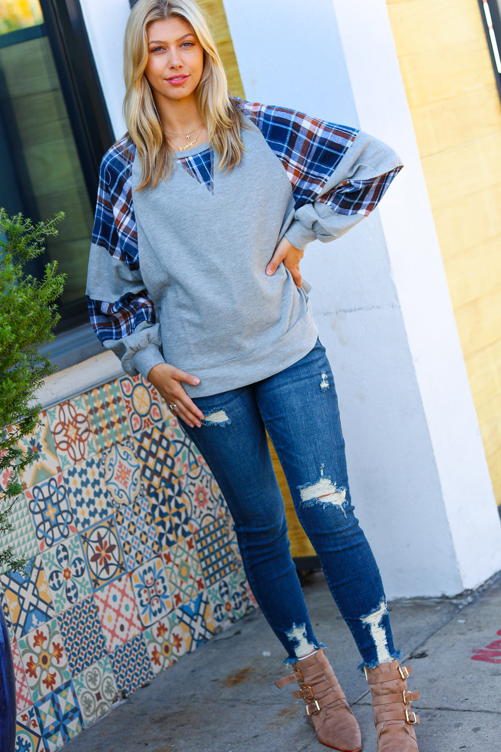Face The Day Plaid Thermal Raglan Pullover