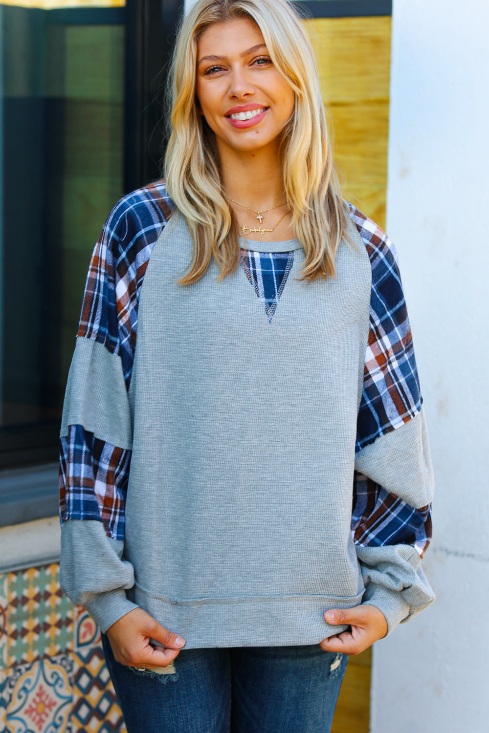 Face The Day Plaid Thermal Raglan Pullover