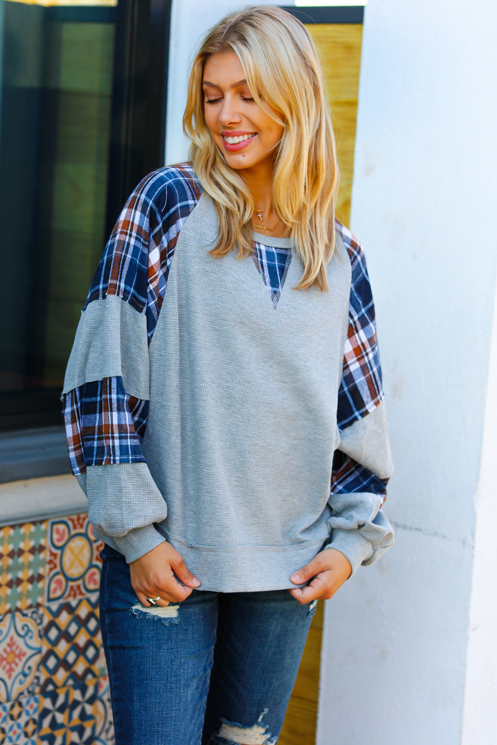 Face The Day Plaid Thermal Raglan Pullover