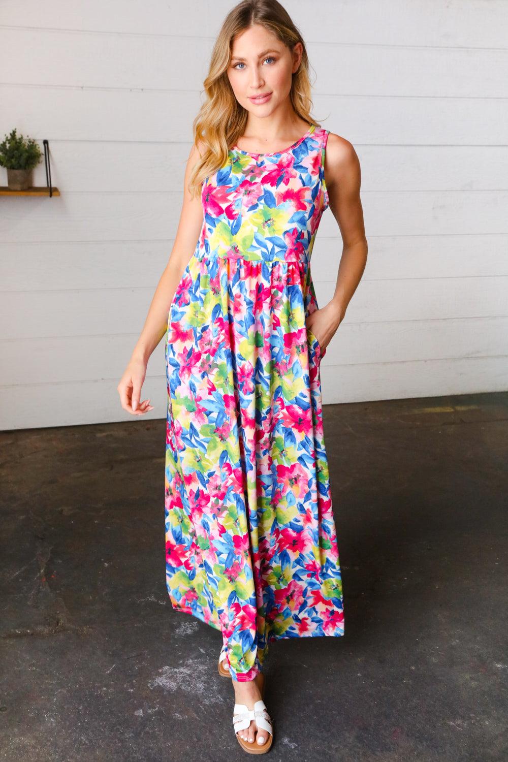Wonderful Watercolor Sleeveless Maxi Dress - Atomic Wildflower