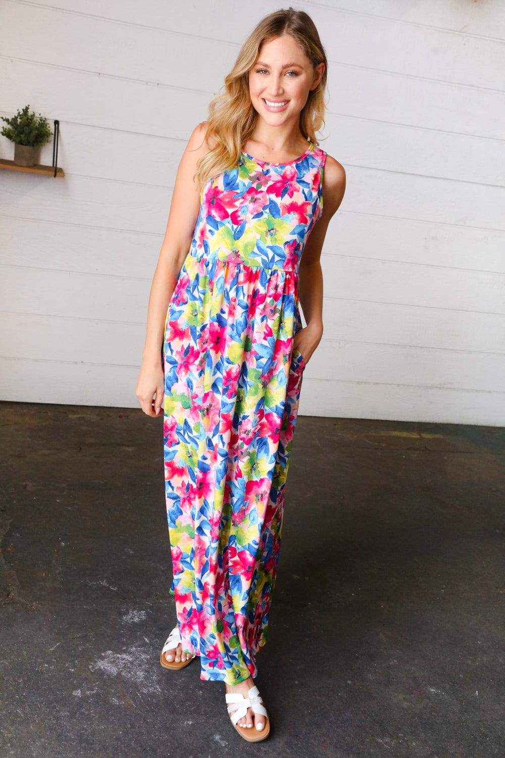 Wonderful Watercolor Sleeveless Maxi Dress - Atomic Wildflower