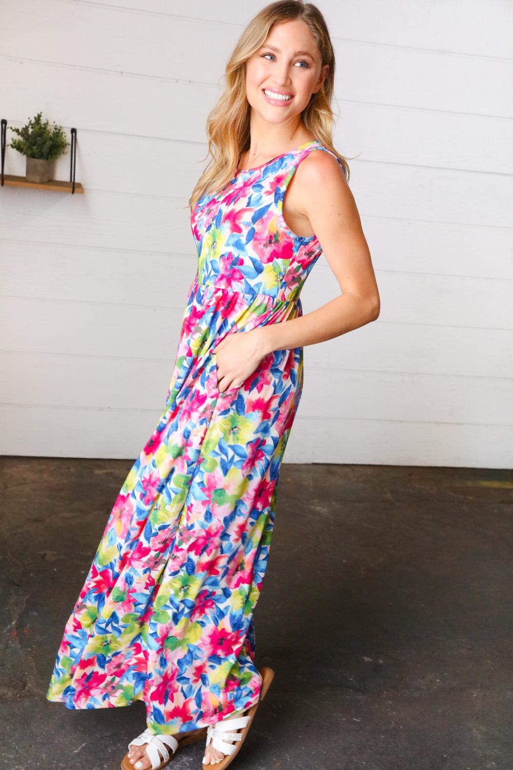 Wonderful Watercolor Sleeveless Maxi Dress - Atomic Wildflower
