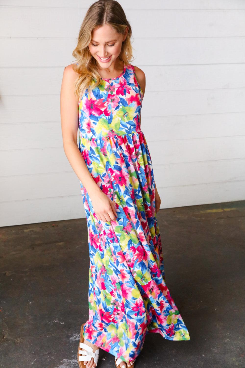 Wonderful Watercolor Sleeveless Maxi Dress - Atomic Wildflower