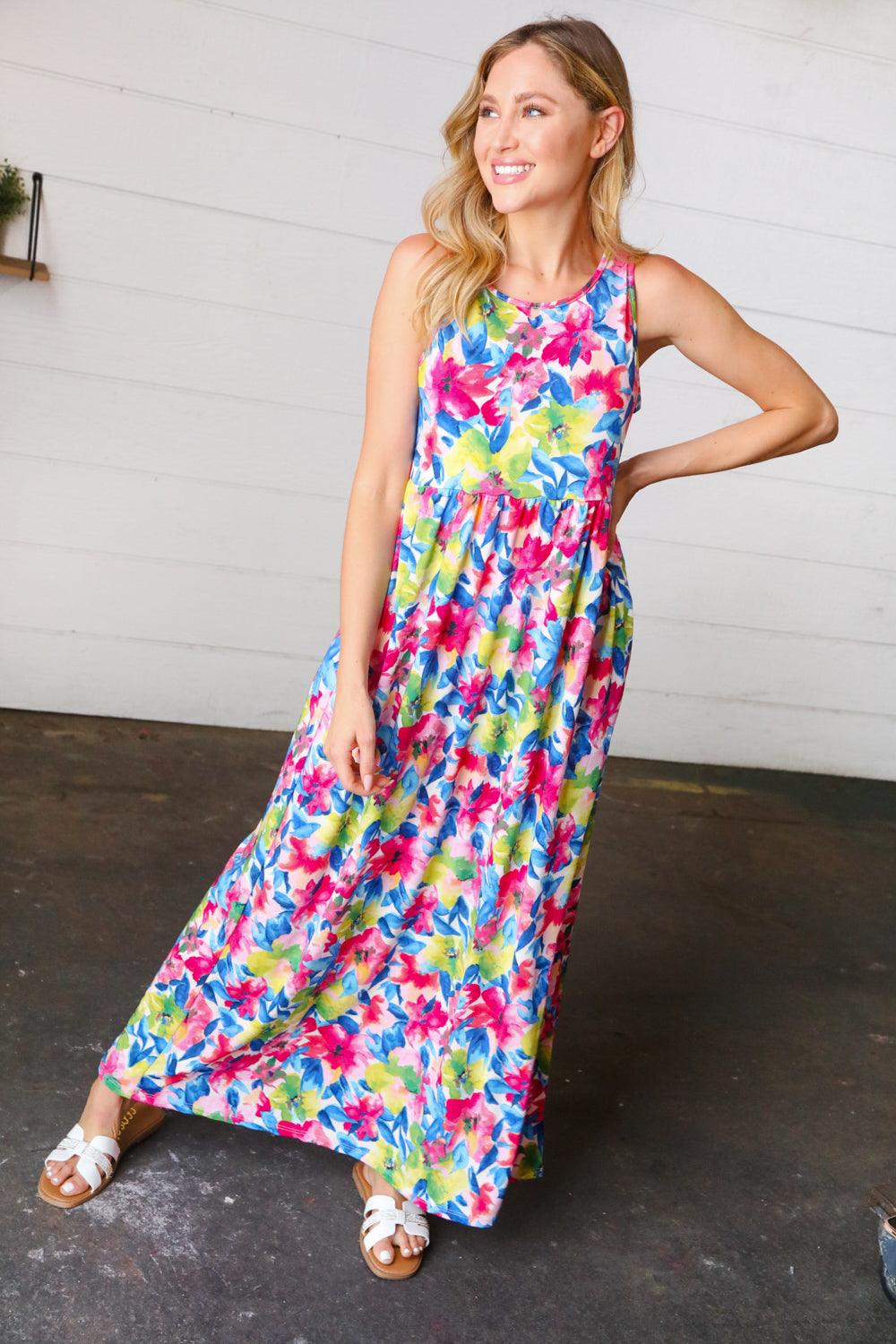 Wonderful Watercolor Sleeveless Maxi Dress - Atomic Wildflower