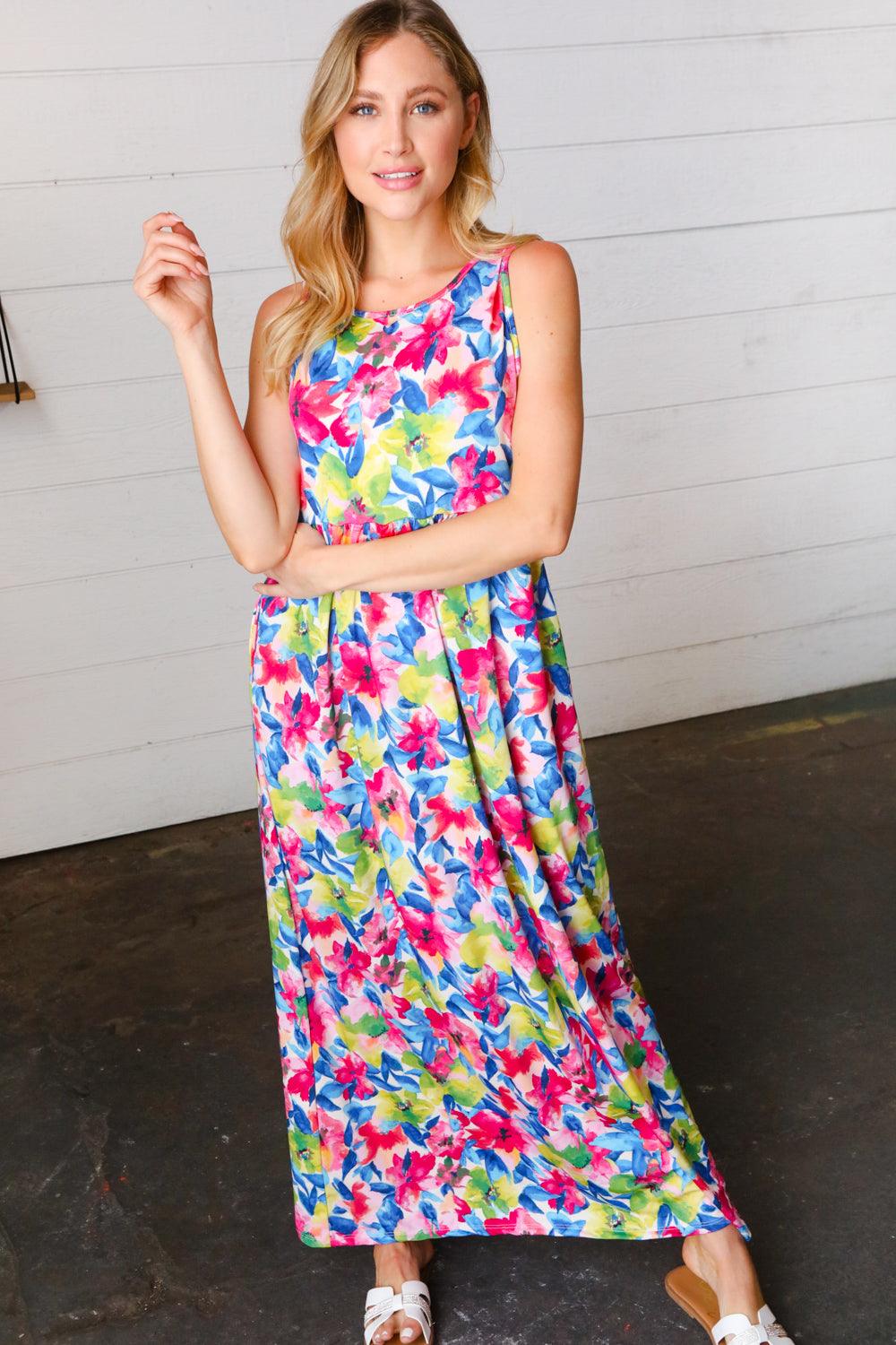 Wonderful Watercolor Sleeveless Maxi Dress - Atomic Wildflower