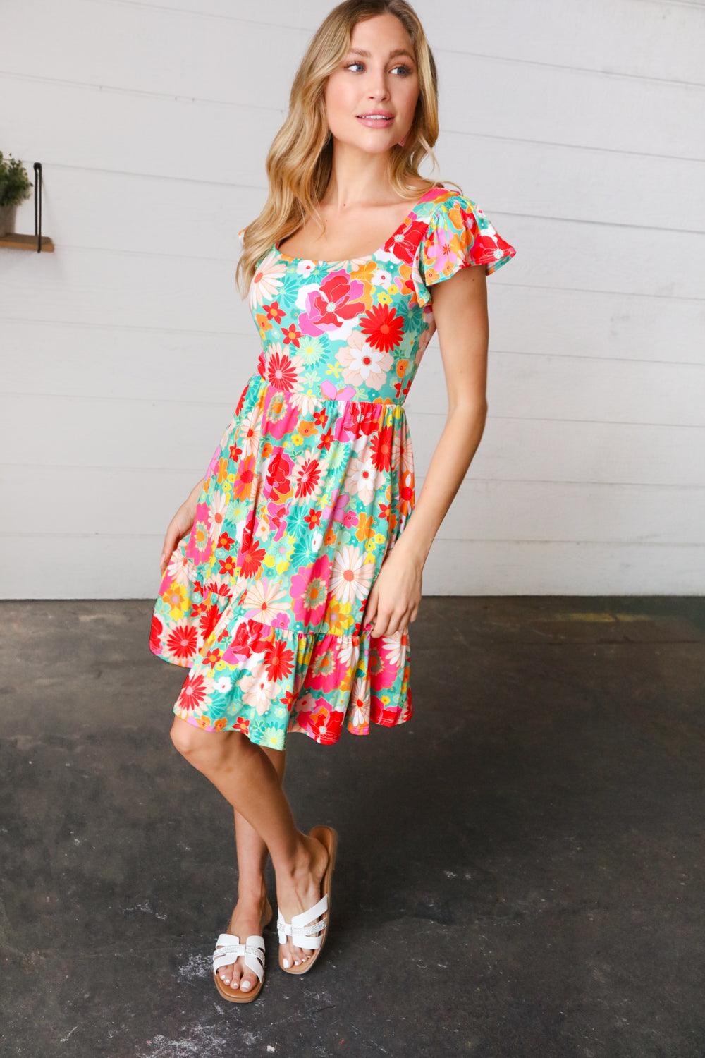 Sheen Of Spring Floral Square Neck Dress - Atomic Wildflower