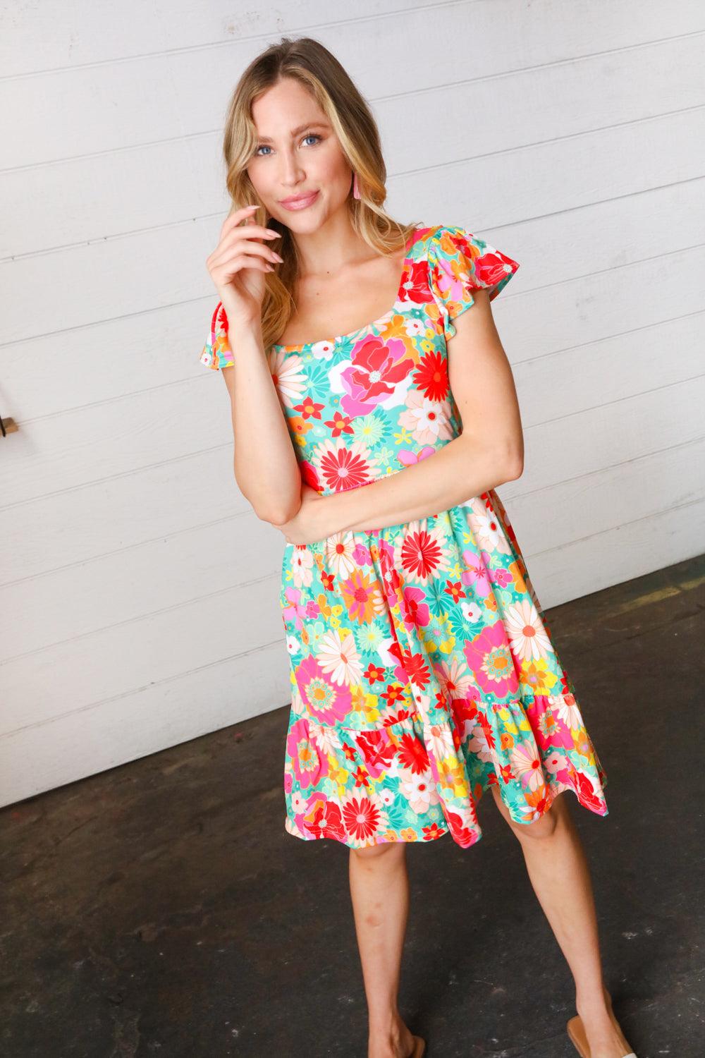 Sheen Of Spring Floral Square Neck Dress - Atomic Wildflower