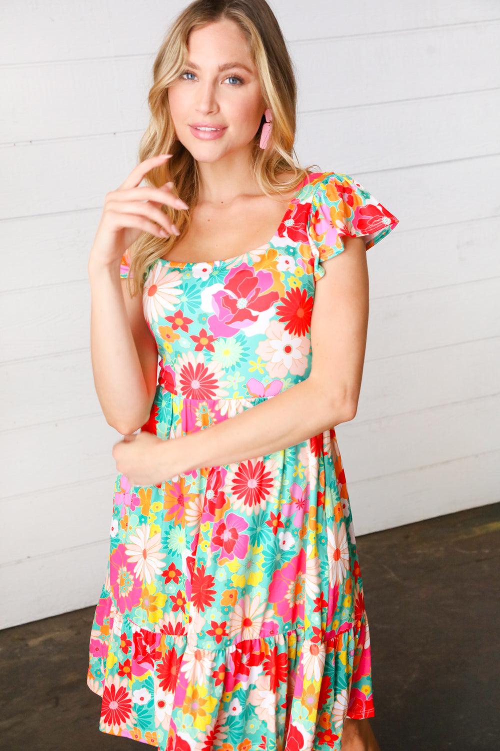 Sheen Of Spring Floral Square Neck Dress - Atomic Wildflower
