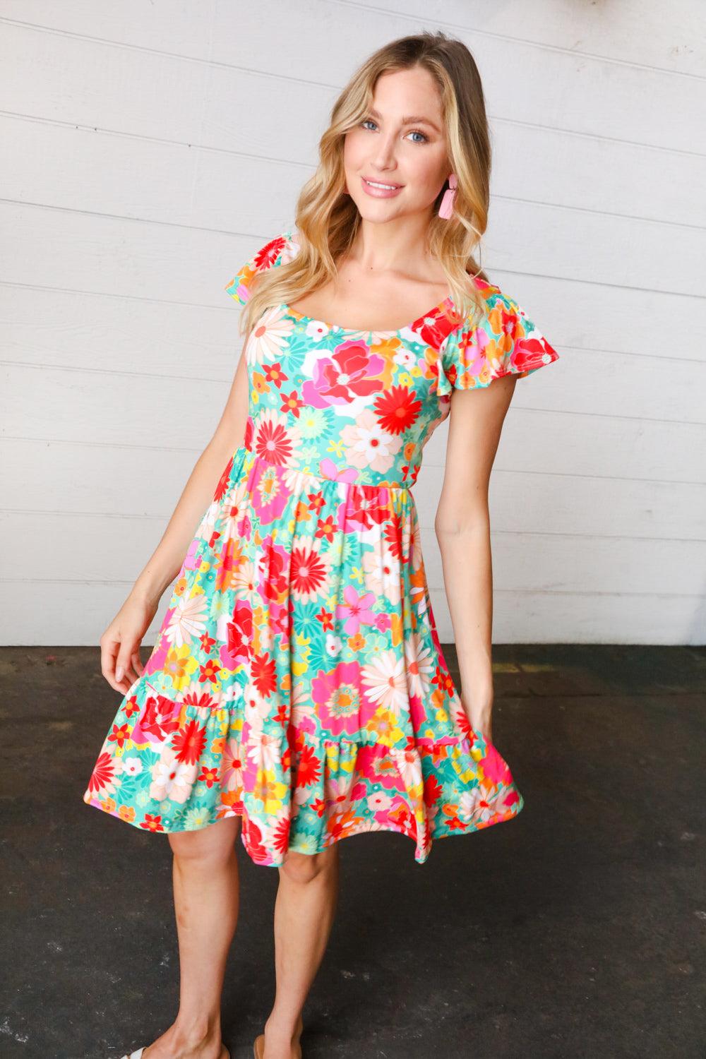 Sheen Of Spring Floral Square Neck Dress - Atomic Wildflower