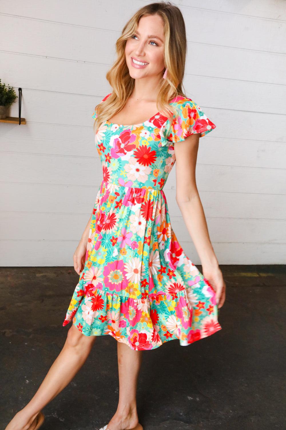 Sheen Of Spring Floral Square Neck Dress - Atomic Wildflower