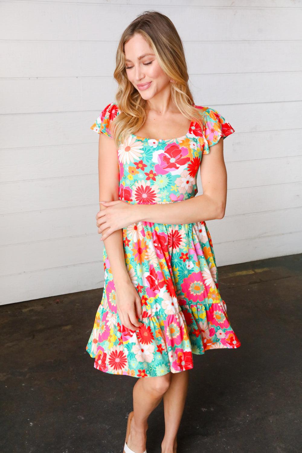 Sheen Of Spring Floral Square Neck Dress - Atomic Wildflower