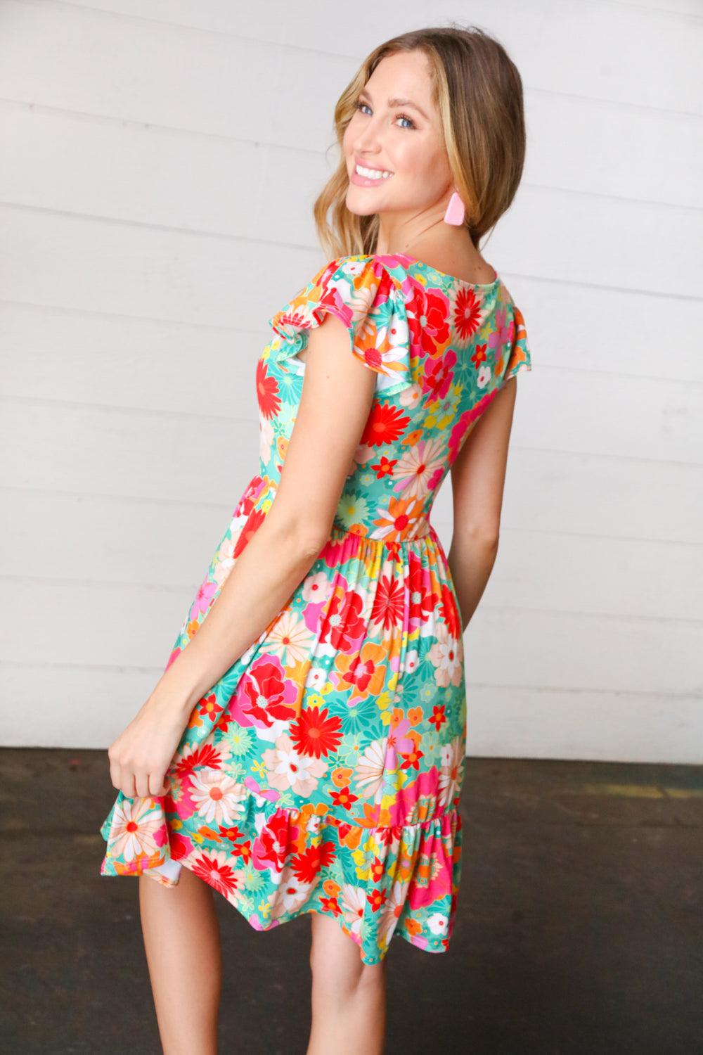 Sheen Of Spring Floral Square Neck Dress - Atomic Wildflower
