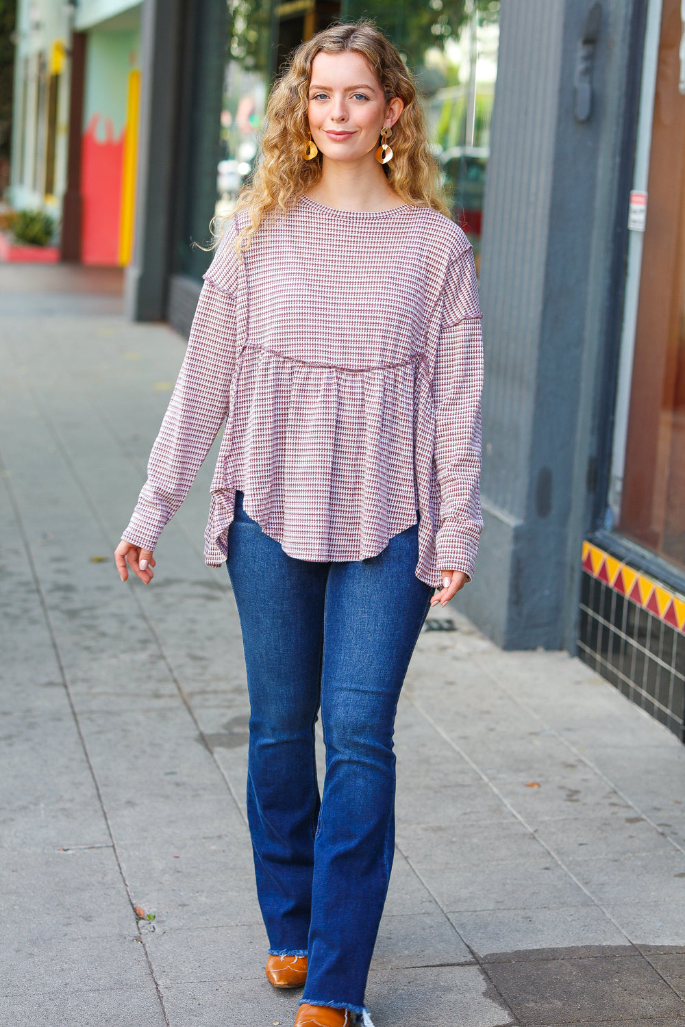 Fall Days Two Tone Jacquard Knit Babydoll Top