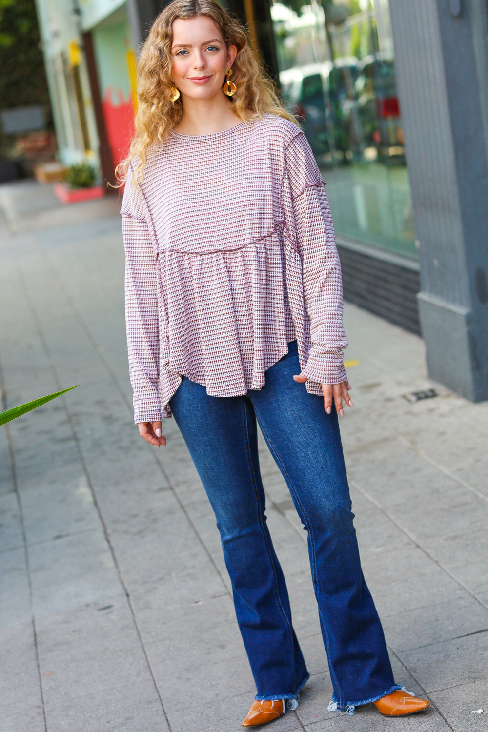 Fall Days Two Tone Jacquard Knit Babydoll Top