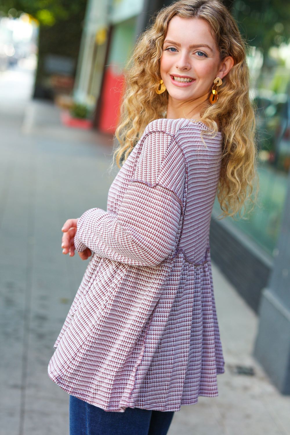 Fall Days Two Tone Jacquard Knit Babydoll Top