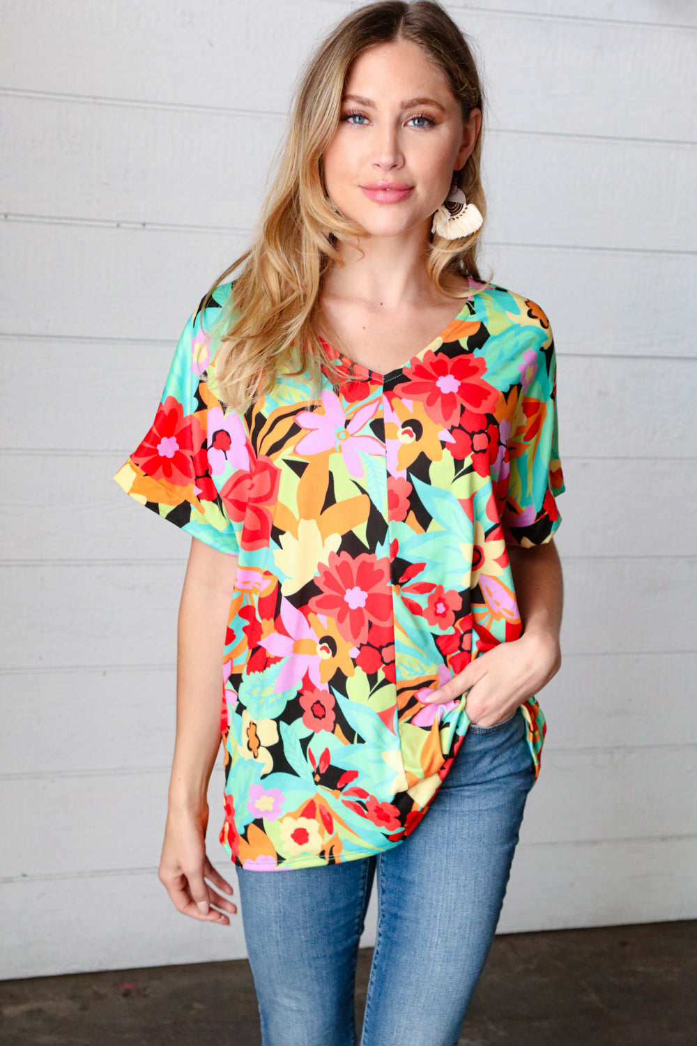 Happy Day Floral V Neck Drop Shoulder Top - Atomic Wildflower