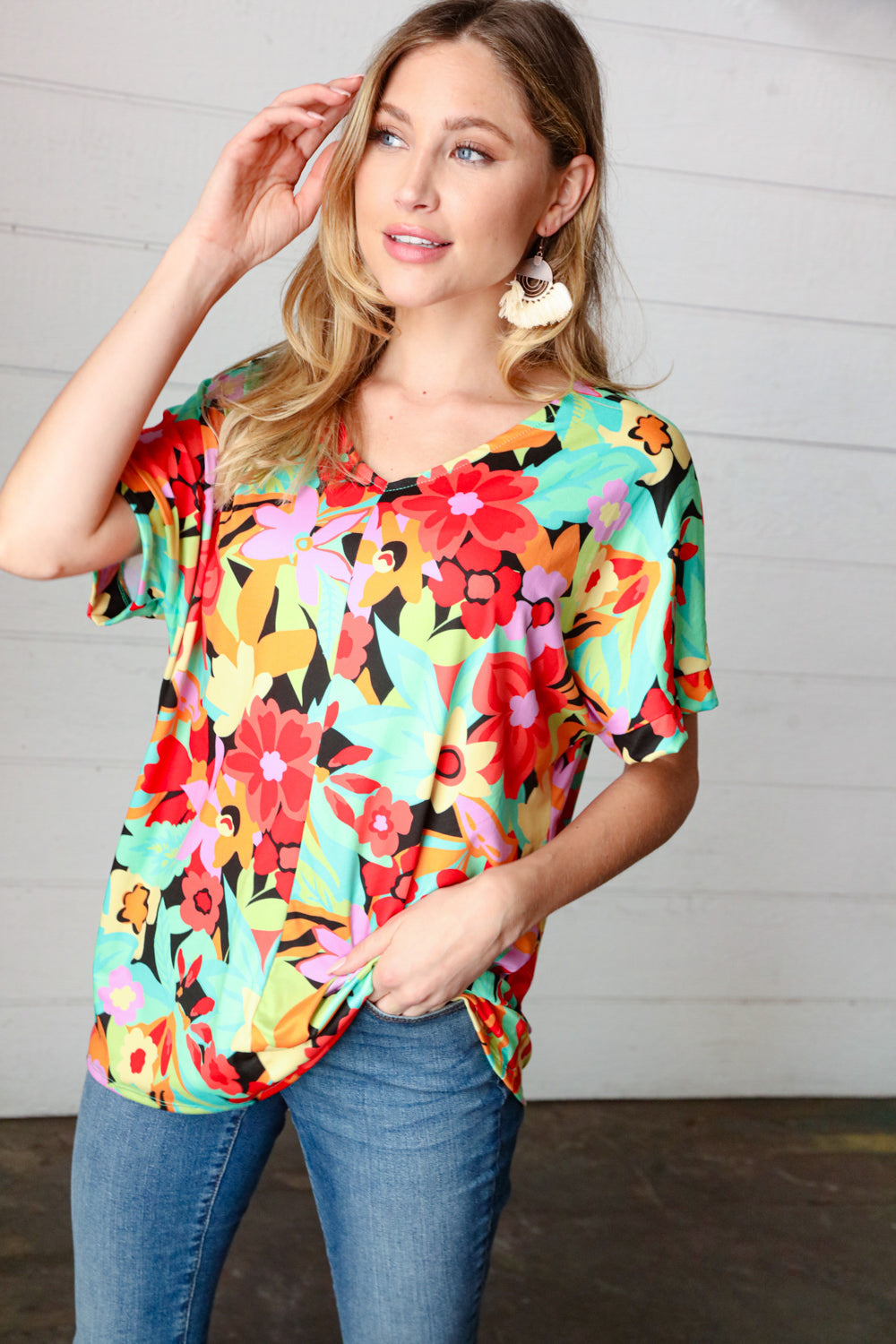 Happy Day Floral V Neck Drop Shoulder Top - Atomic Wildflower