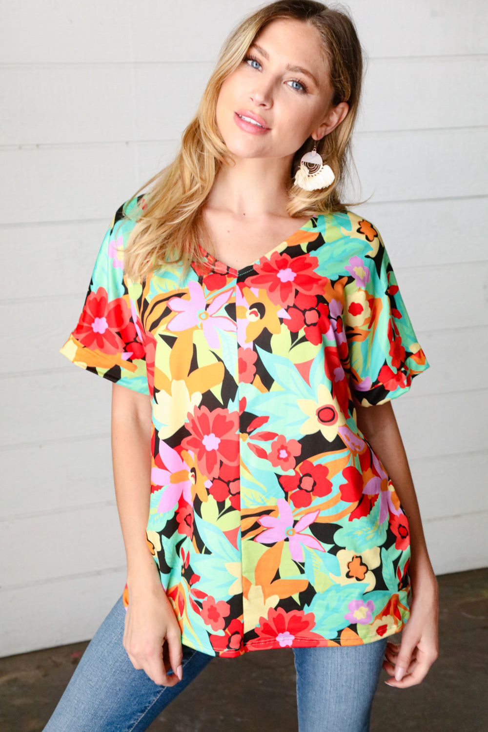 Happy Day Floral V Neck Drop Shoulder Top - Atomic Wildflower