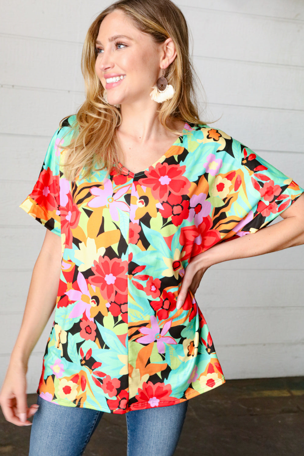 Happy Day Floral V Neck Drop Shoulder Top - Atomic Wildflower