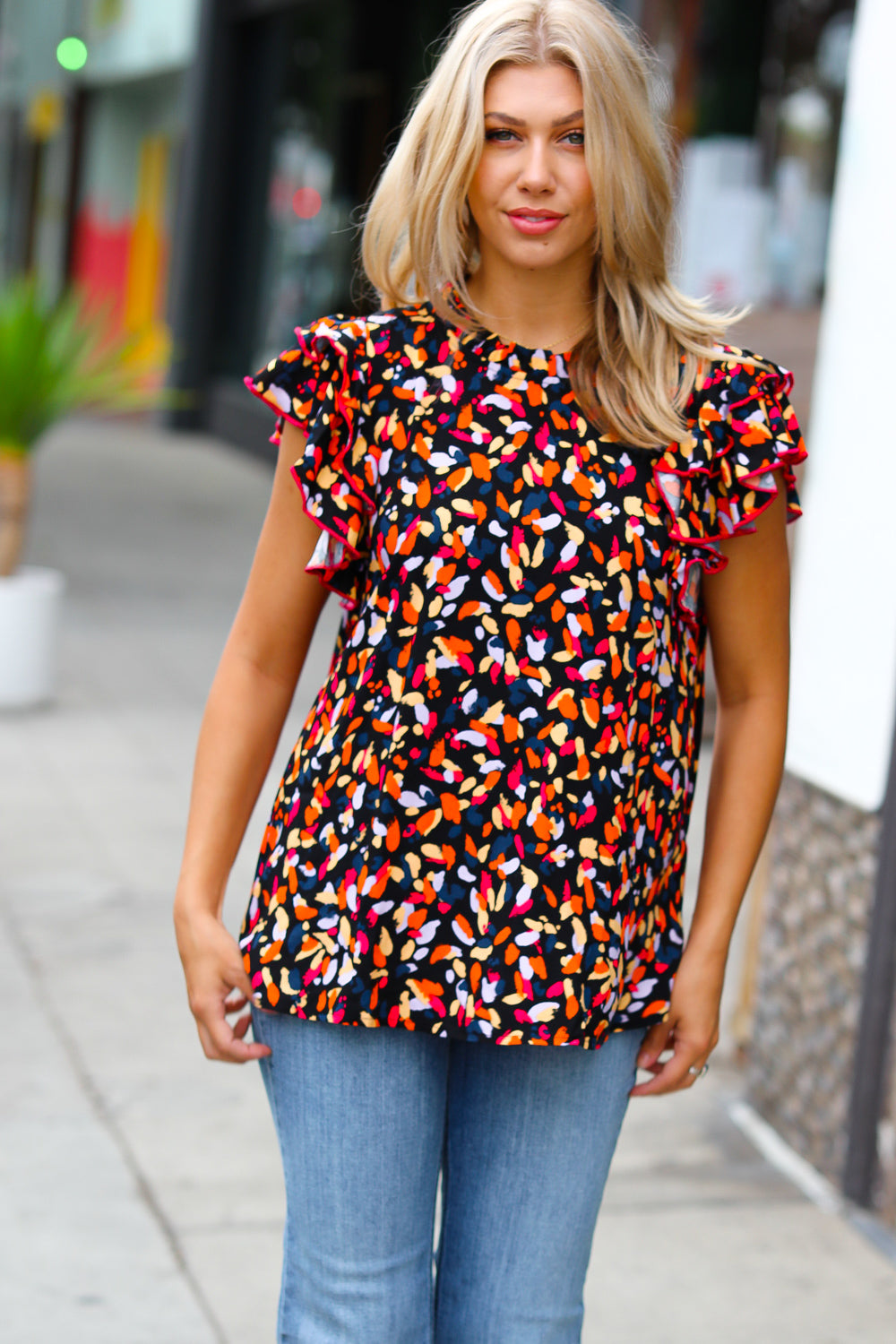 Anna Molly Abstract Mock Neck Flutter Sleeve Top