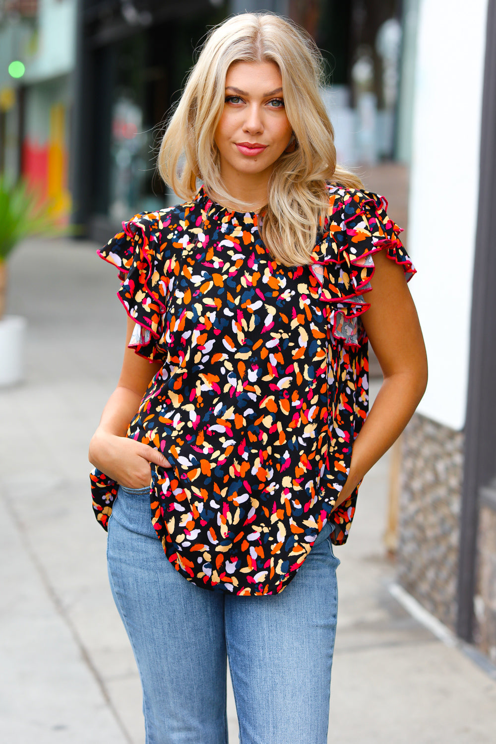 Anna Molly Abstract Mock Neck Flutter Sleeve Top