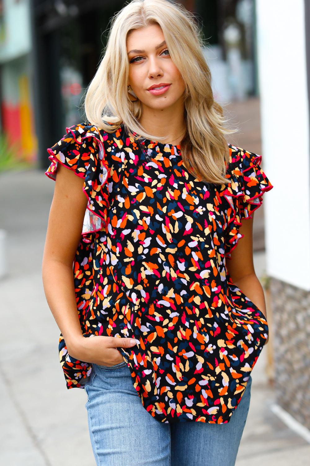 Anna Molly Abstract Mock Neck Flutter Sleeve Top
