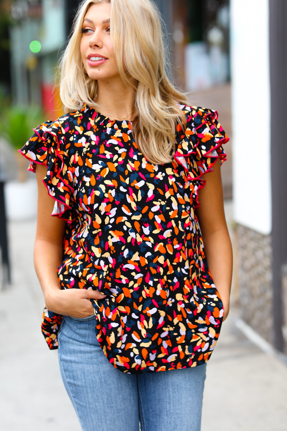 Anna Molly Abstract Mock Neck Flutter Sleeve Top