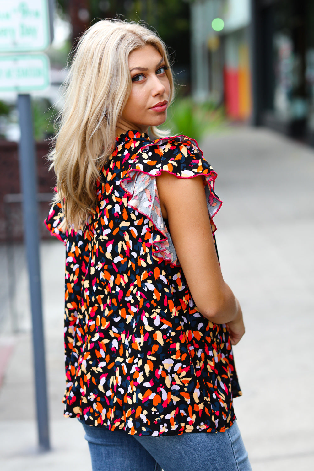 Anna Molly Abstract Mock Neck Flutter Sleeve Top