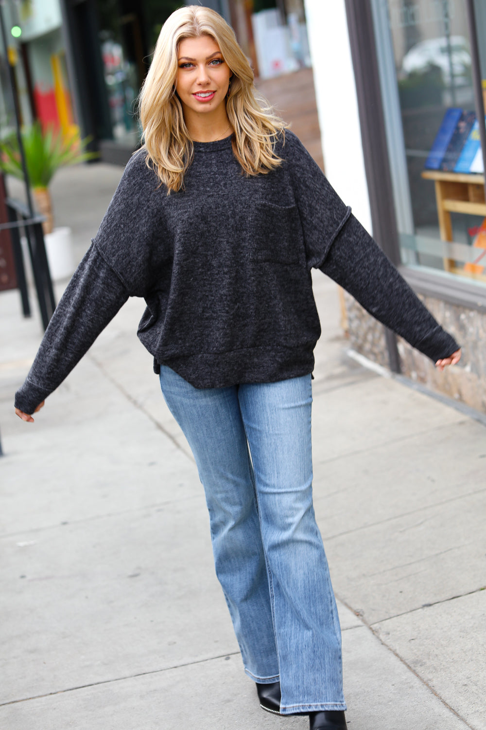 Stay Awhile Drop Shoulder Melange Sweater • Charcoal