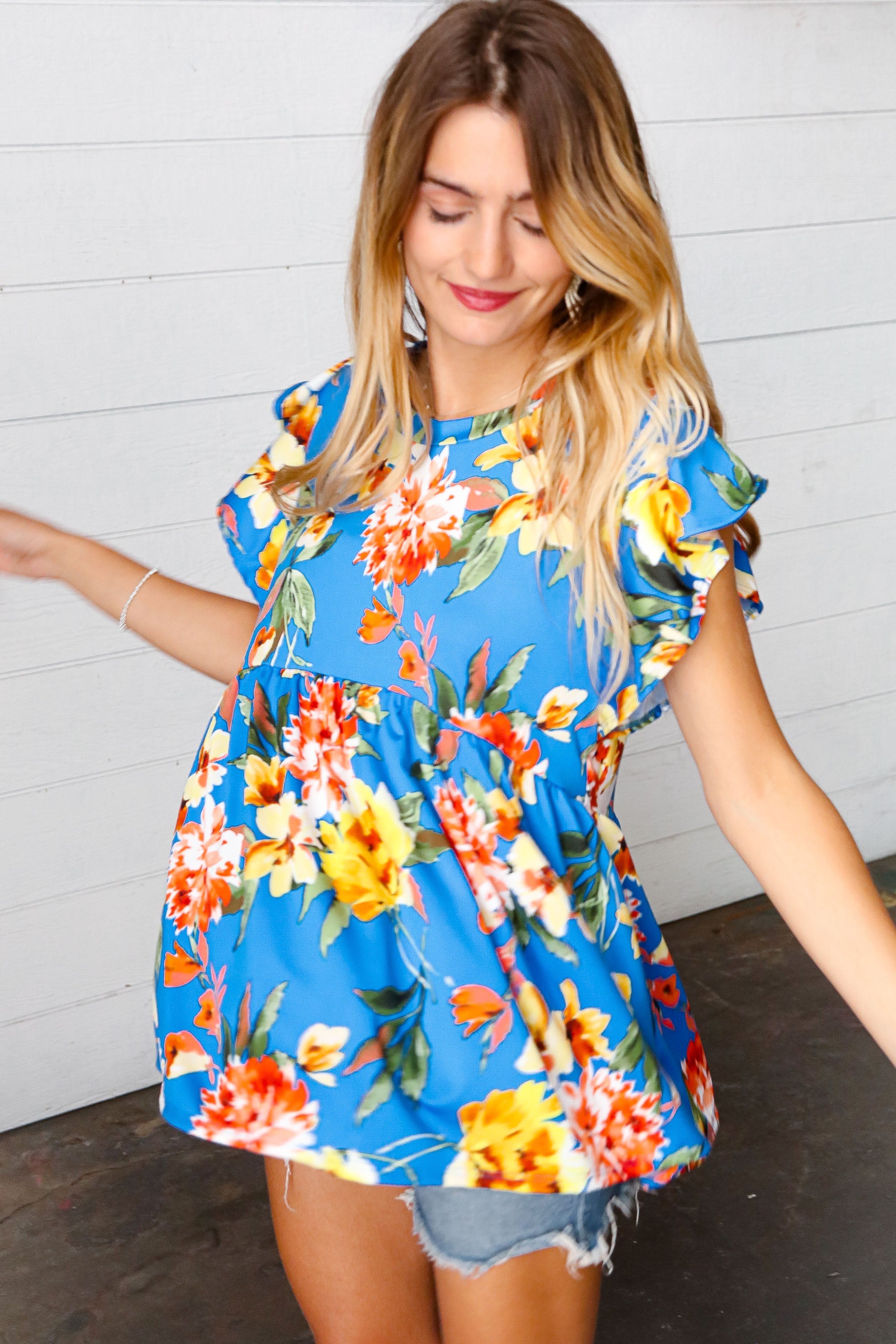 Easy Does It Ruffle Sleeve Babydoll Top - Atomic Wildflower