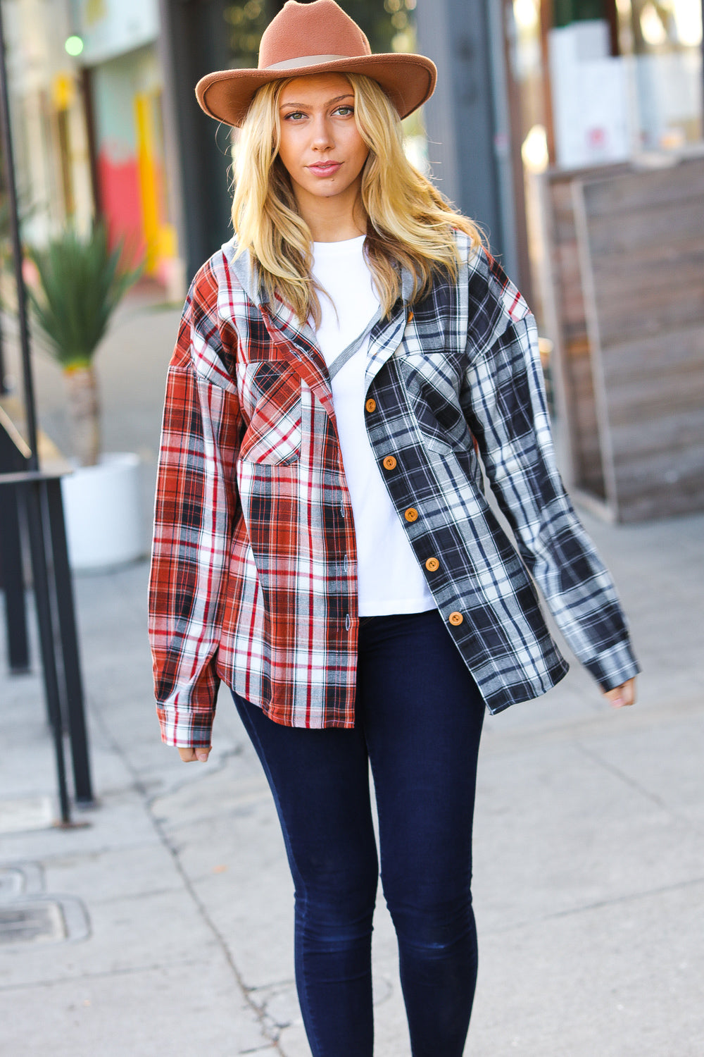 All Put Together Plaid Colorblock Hoodie Shacket