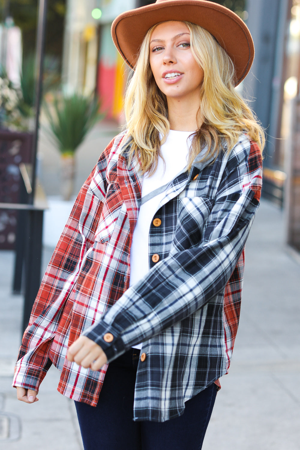 All Put Together Plaid Colorblock Hoodie Shacket