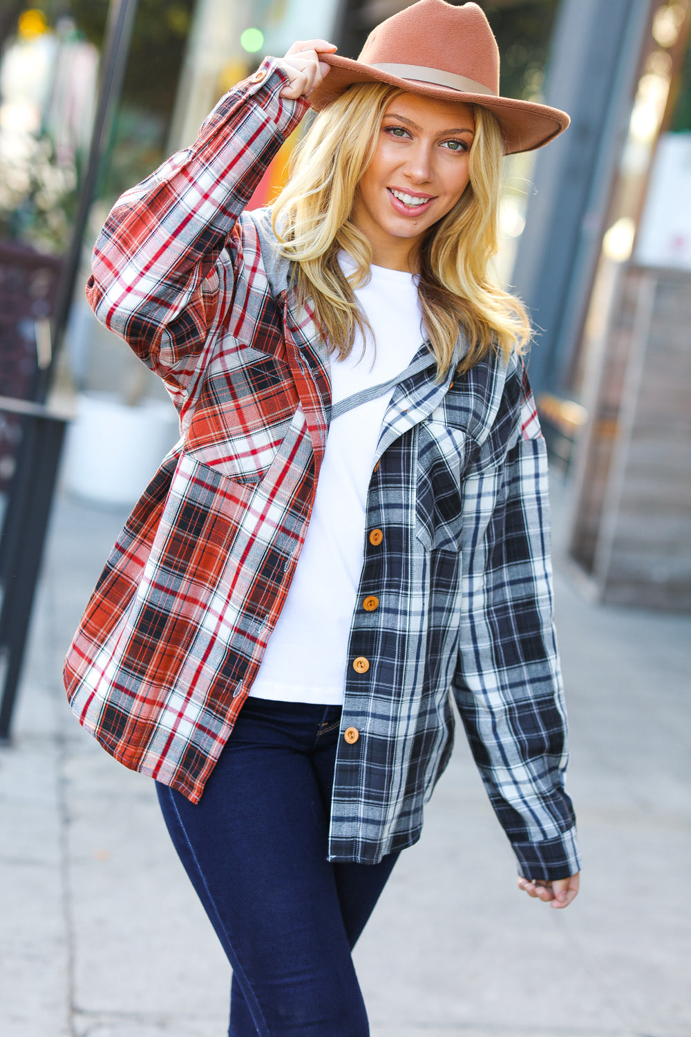 All Put Together Plaid Colorblock Hoodie Shacket