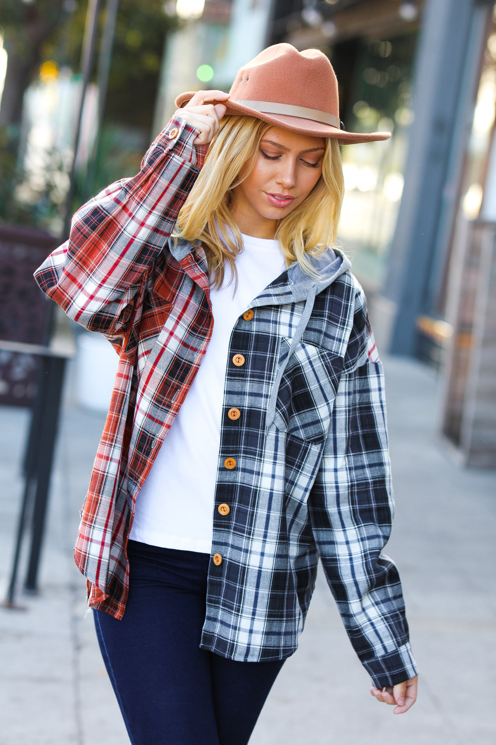 All Put Together Plaid Colorblock Hoodie Shacket