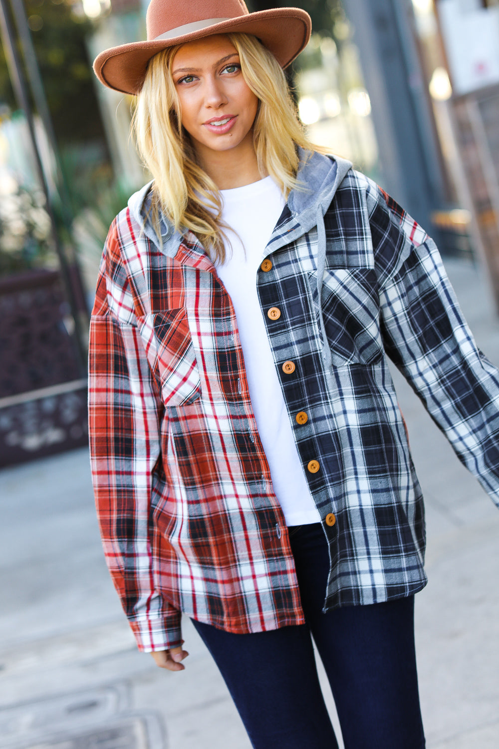 All Put Together Plaid Colorblock Hoodie Shacket