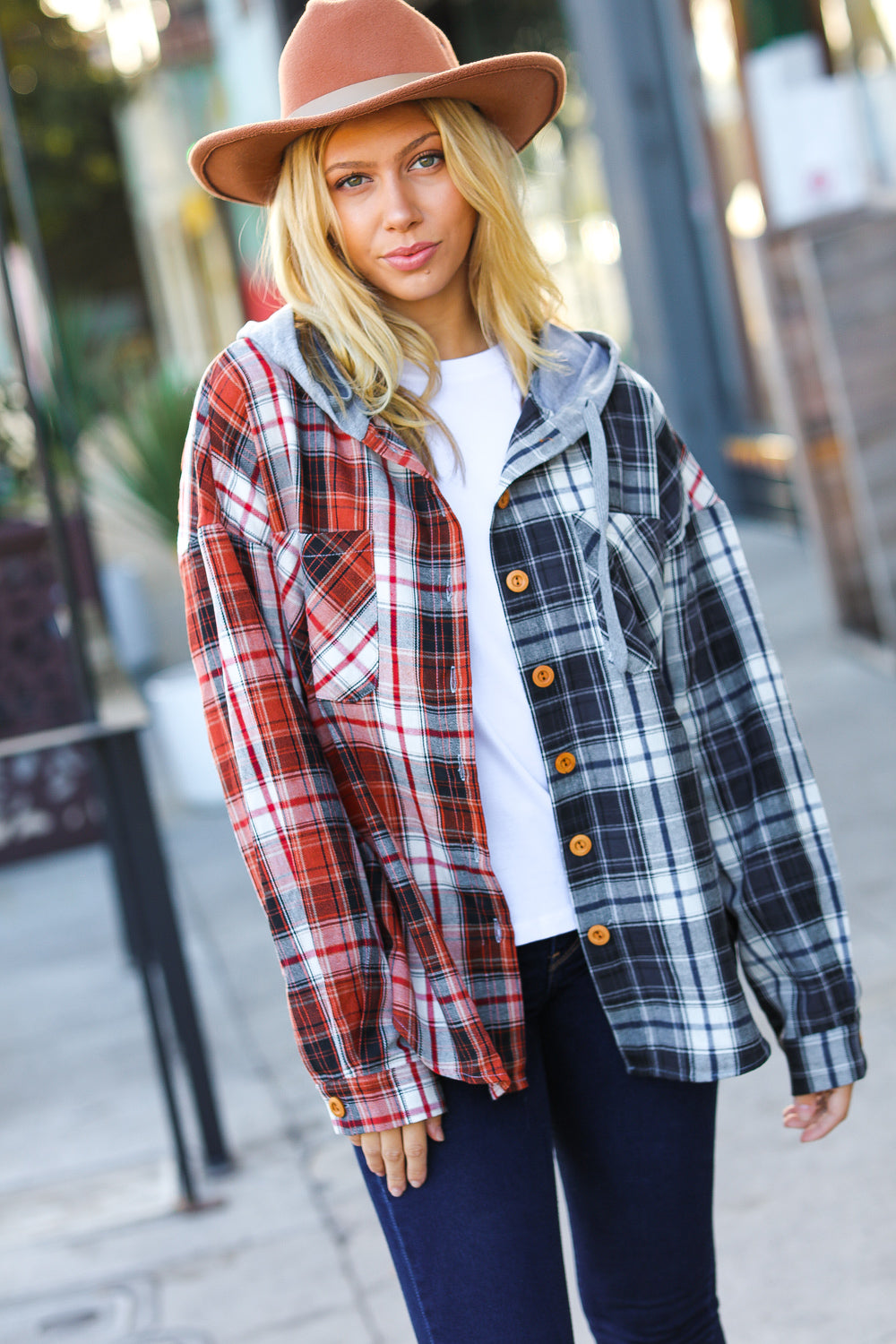 All Put Together Plaid Colorblock Hoodie Shacket