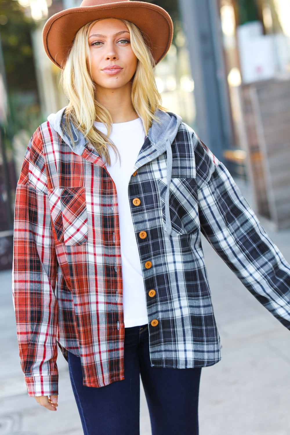 All Put Together Plaid Colorblock Hoodie Shacket