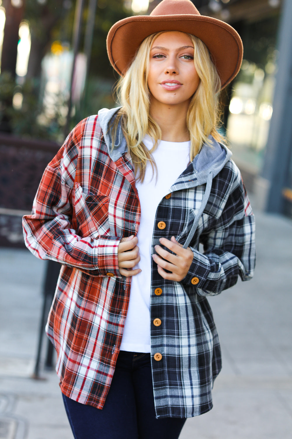 All Put Together Plaid Colorblock Hoodie Shacket