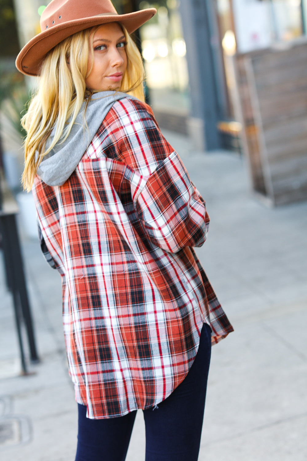 All Put Together Plaid Colorblock Hoodie Shacket
