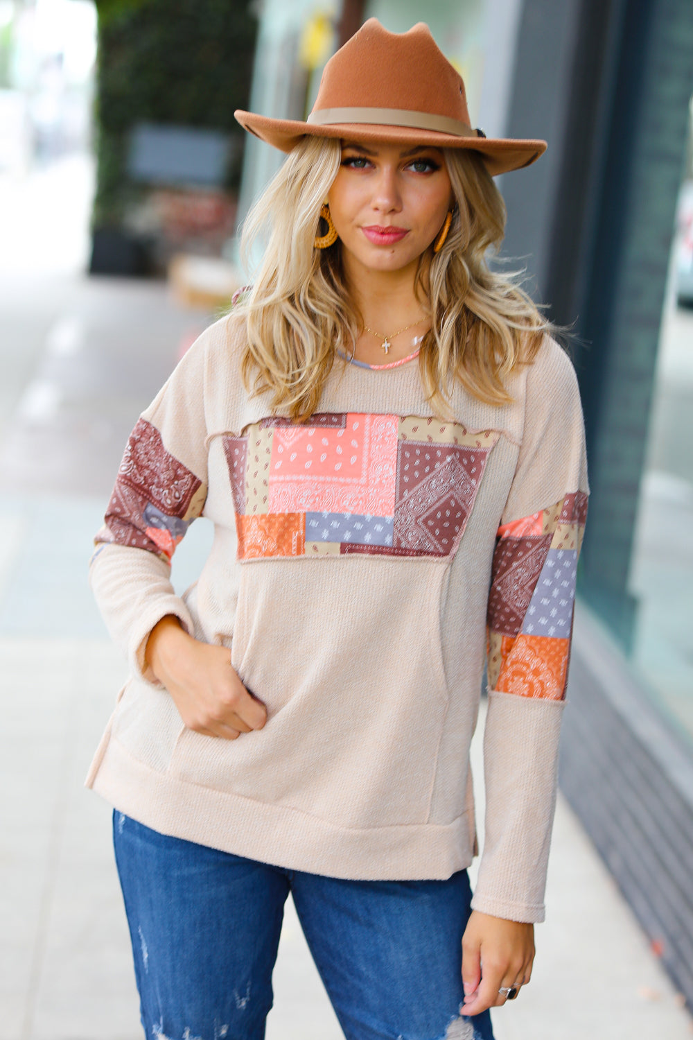 Playing With Patchwork Print Kangaroo Pocket Hoodie