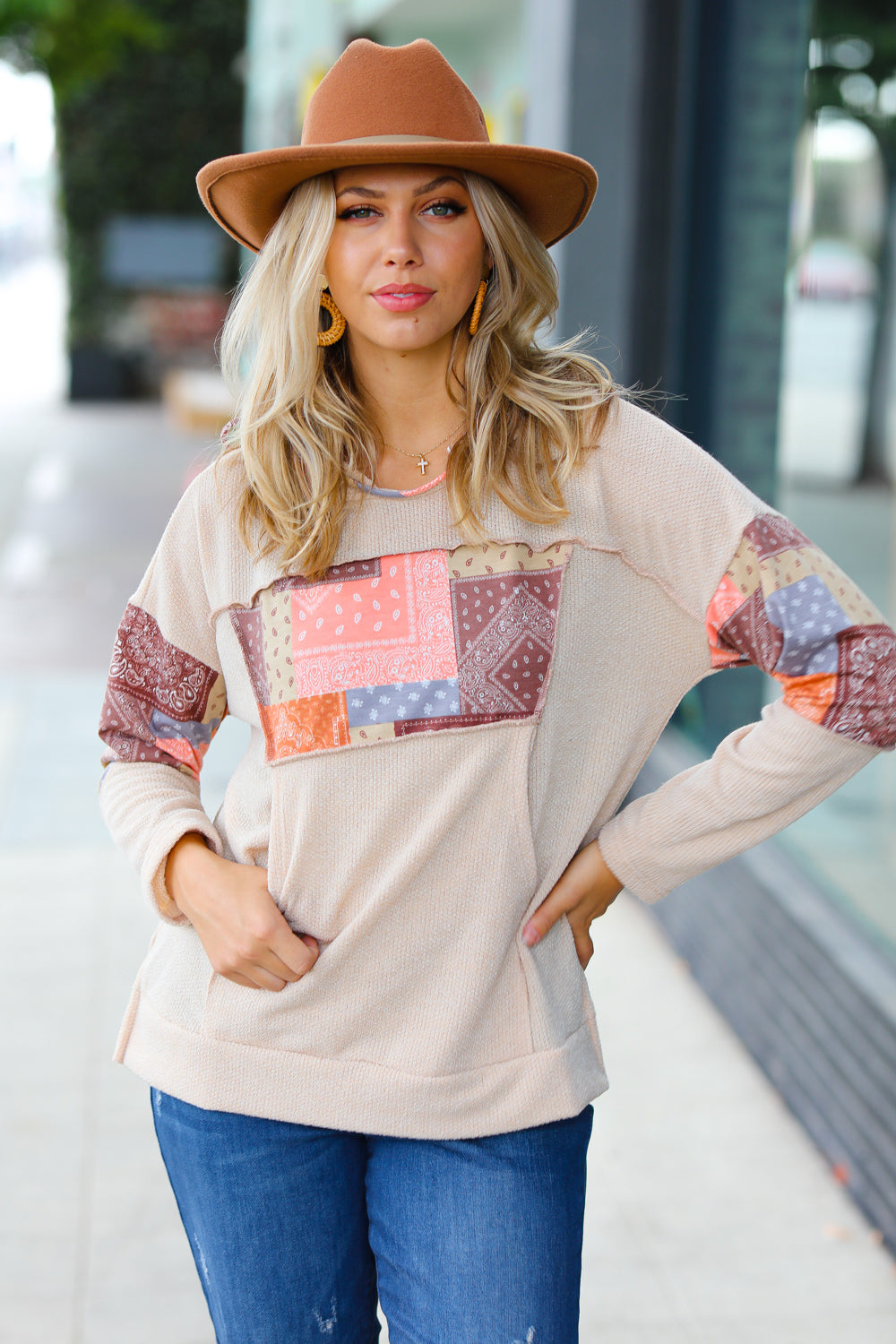 Playing With Patchwork Print Kangaroo Pocket Hoodie