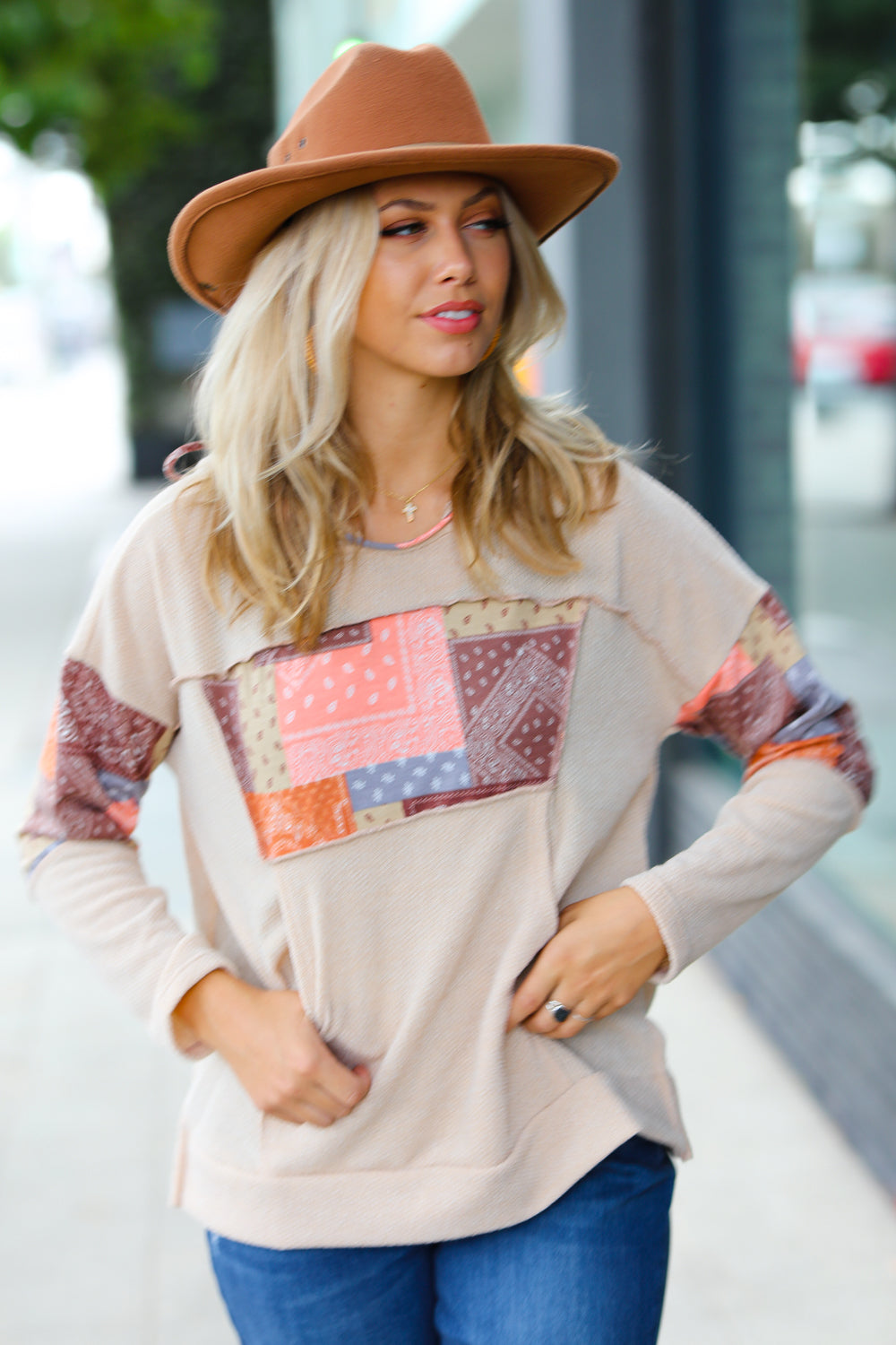 Playing With Patchwork Print Kangaroo Pocket Hoodie
