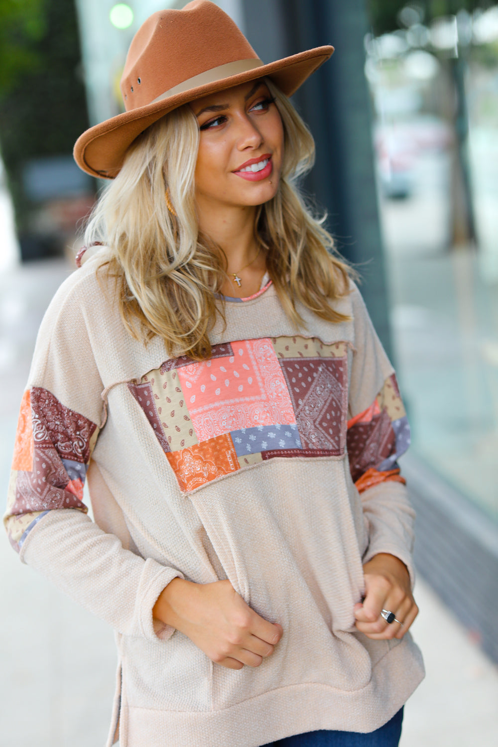 Playing With Patchwork Print Kangaroo Pocket Hoodie